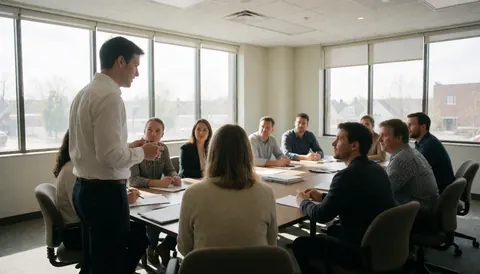Professionnels lors d'une réunion autour d'une table, un homme s'exprimant pendant que les autres écoutent attentivement dans un environnement de travail collaboratif.