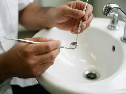 Un dentiste tient des outils dentaires au-dessus d'un évier blanc dans une clinique dentaire.