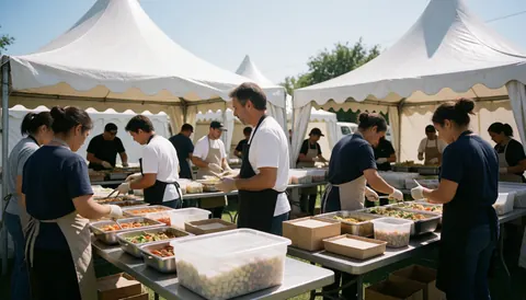 Équipe de serveurs en uniforme distribuant la nourriture sur de longues tables installées sous des tentes lors d'un événement extérieur.