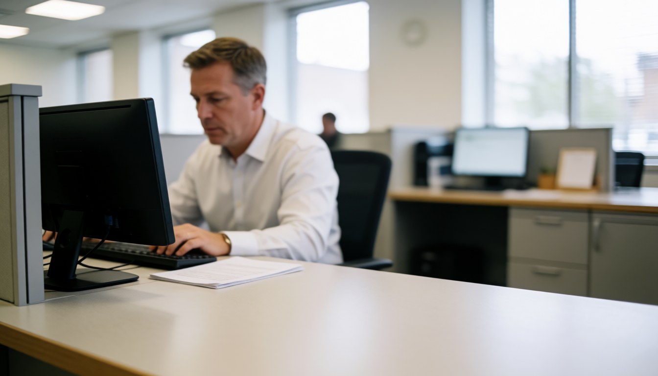Un homme adulte travaille sur un ordinateur dans un bureau avec des bureaux et des fenêtres.