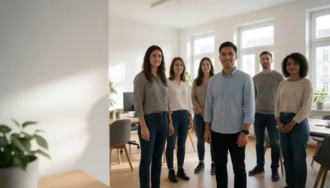 Six jeunes professionnels souriants dans un bureau moderne baigné de lumière naturelle et décoré de plantes.