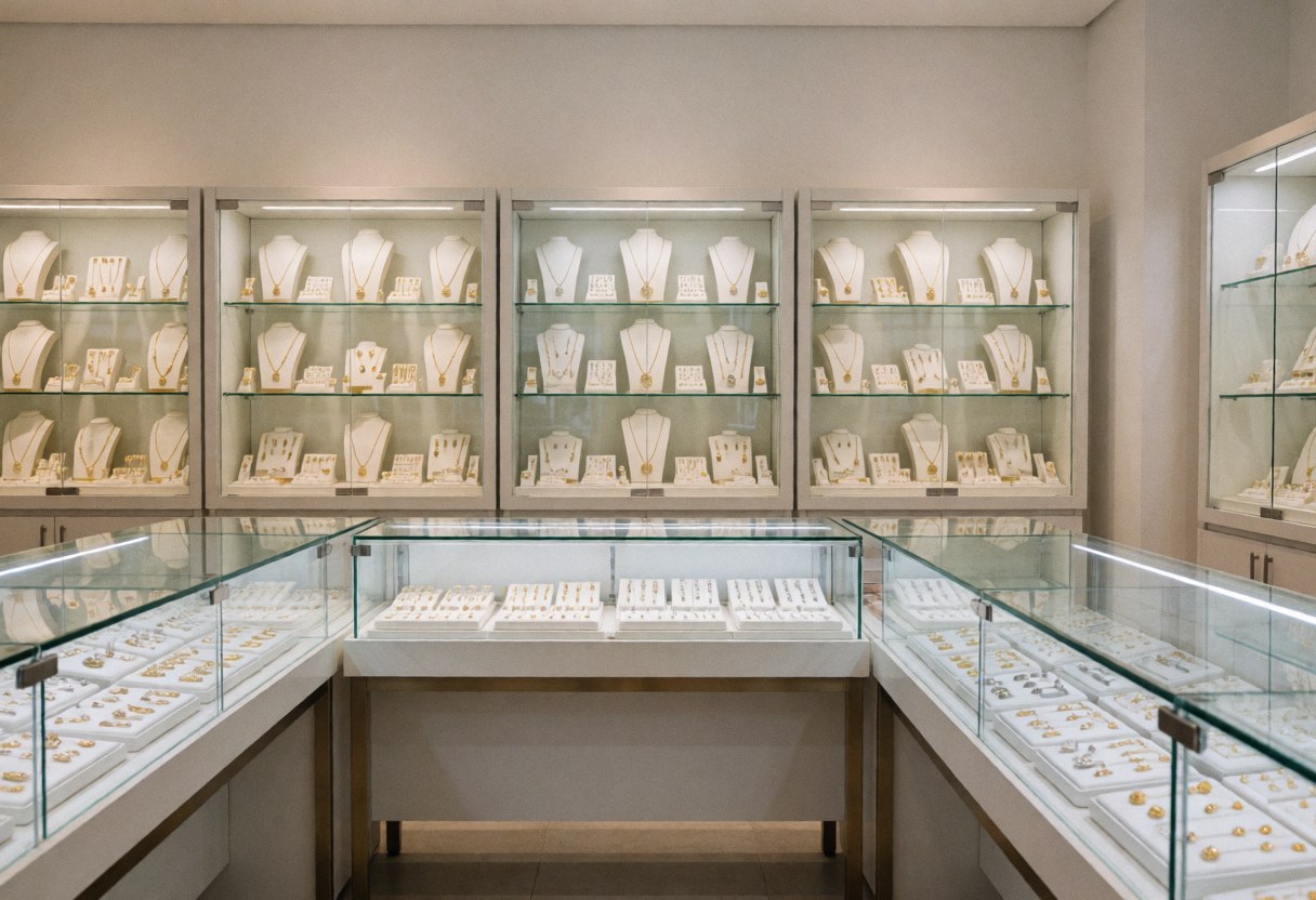 Vitrines élégantes exposant des colliers et des bagues dans une boutique de bijoux moderne et luxueuse.
