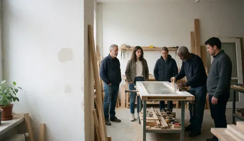 Cinq personnes observent et travaillent dans un atelier de menuiserie avec des planches et des outils en bois.