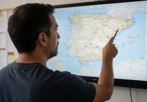 Un enseignant de langues utilise un stylo pour indiquer une carte d'Espagne projetée sur un écran, expliquant la géographie ou la prononciation en cours.
