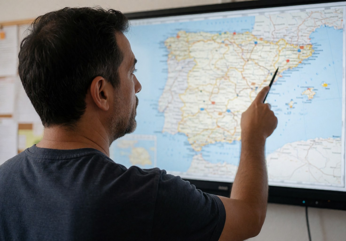 Un enseignant de langues utilise un stylo pour indiquer une carte d'Espagne projetée sur un écran, expliquant la géographie ou la prononciation en cours.