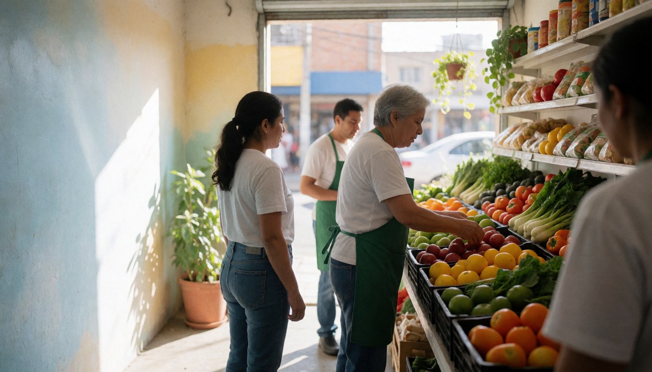 Une cliente sélectionne des fruits et légumes frais dans un minimarket lumineux avec du personnel en arrière-plan.