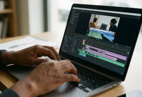 Vue rapprochée des mains d'une personne tapant sur le clavier d'un ordinateur portable affichant une interface de montage video.