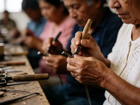 Mains d'adultes utilisant des outils dans un atelier artisanal, mettant l'accent sur le détail du travail manuel.