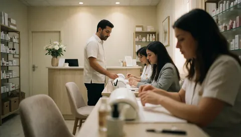Vue intérieure d'un salon de beauté montrant des clientes assises aux tables de manucure, une personne debout près du comptoir d'accueil et des étagères remplies de produits de soin.