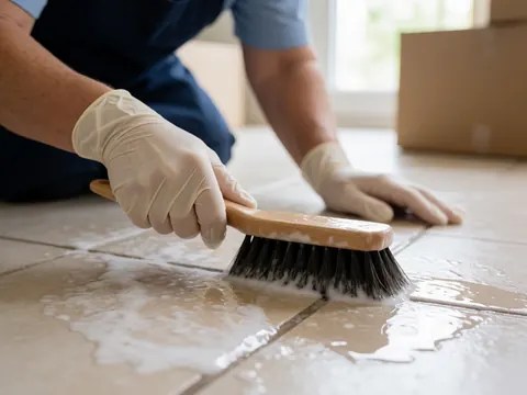 Gants protégeant les mains pendant le nettoyage des joints de carreaux à l'aide d'une brosse et d'eau savonneuse, illustrant un détail de service professionnel.