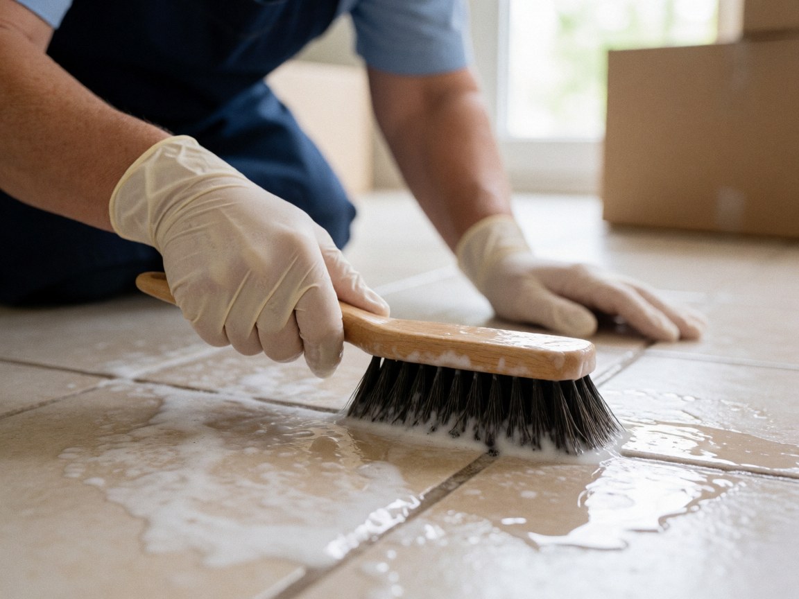 Gants protégeant les mains pendant le nettoyage des joints de carreaux à l'aide d'une brosse et d'eau savonneuse, illustrant un détail de service professionnel.