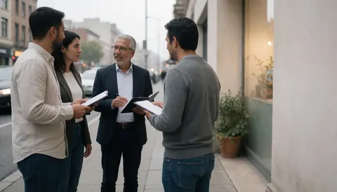 Quatre conseillers en assurance conversent sur un trottoir urbain, tenant des documents et des porte-documents, avec des bâtiments et une circulation floue en arrière-plan.