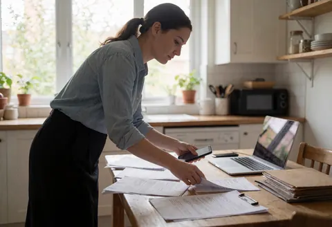 Une femme travaille depuis sa cuisine en utilisant un téléphone portable et un ordinateur tout en organisant des documents sur une table.