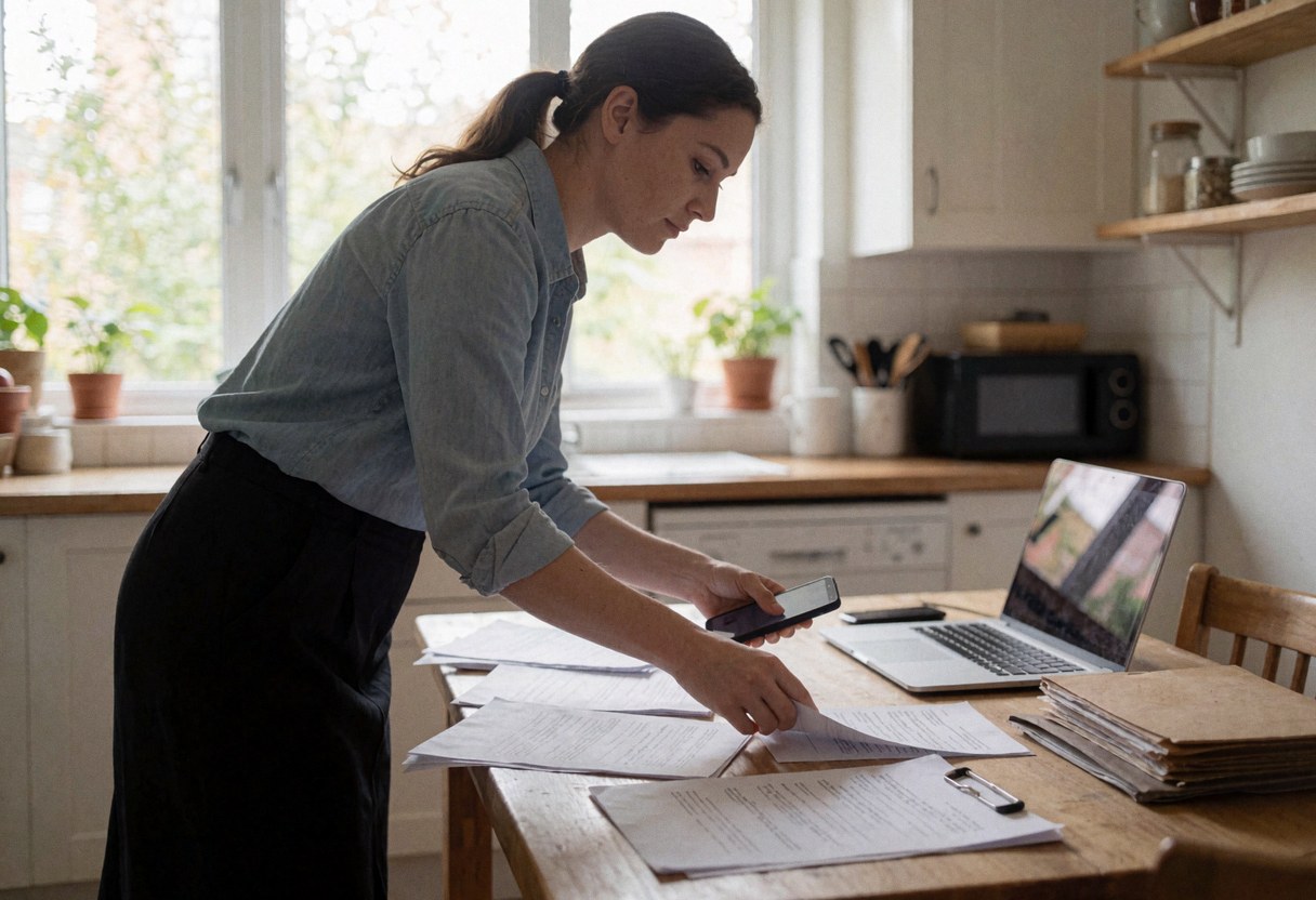 Une femme travaille depuis sa cuisine en utilisant un téléphone portable et un ordinateur tout en organisant des documents sur une table.
