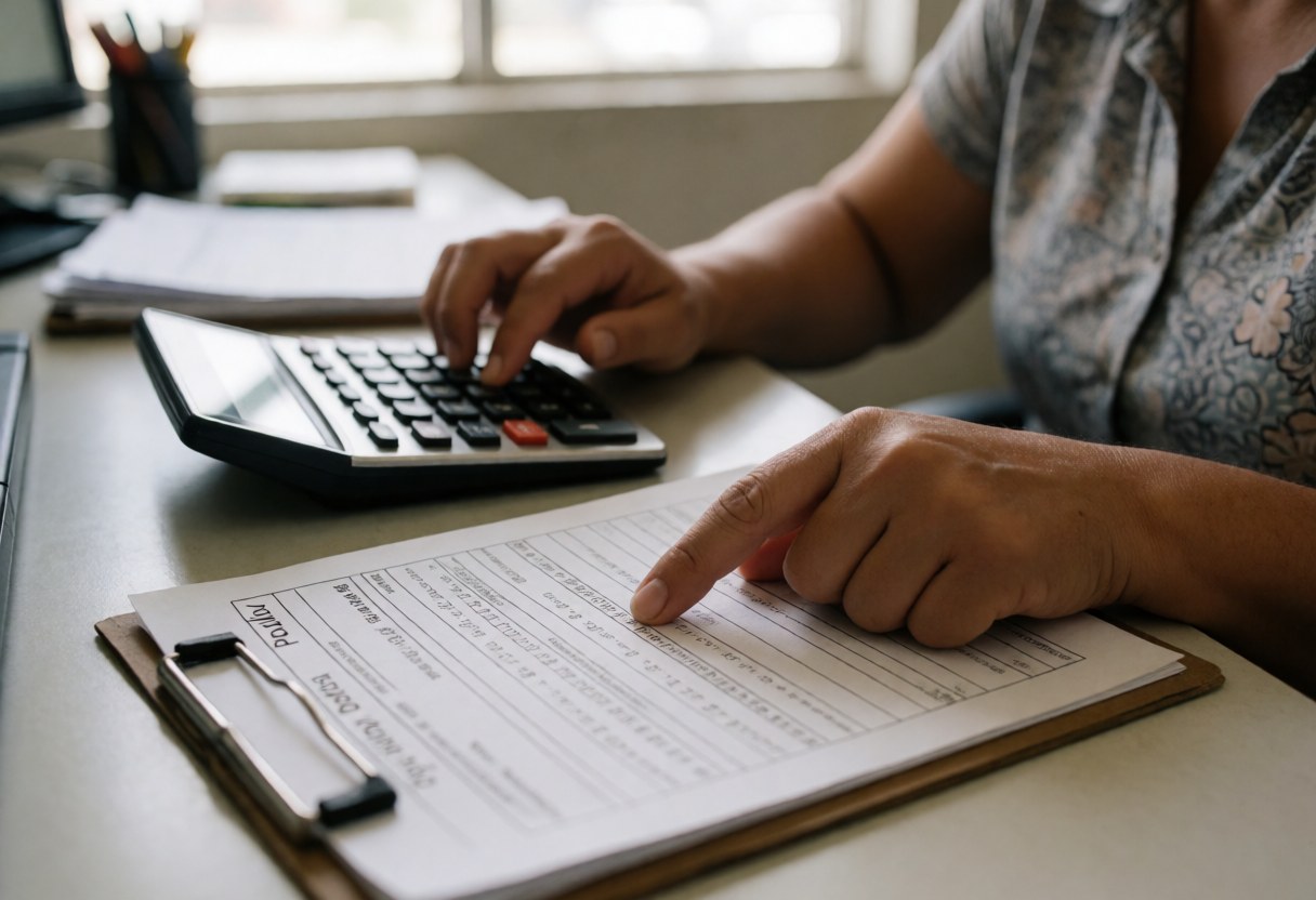 Une femme utilise une calculatrice et pointe des chiffres sur un formulaire d'assurance dans un environnement professionnel réaliste.