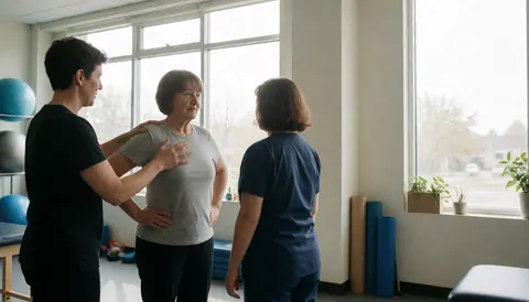 Un fisiotherapeute aide une femme a realiser des exercices d'etirement dans un cabinet de physiotherapie equipe.