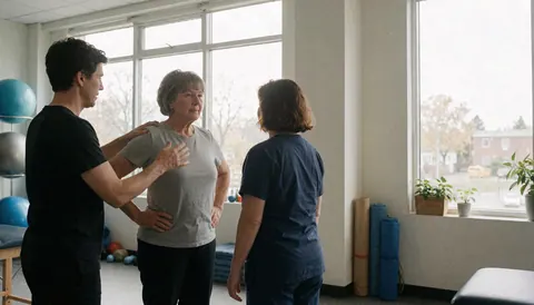 Un fisiotherapeute aide une femme a realiser des exercices d'etirement dans un cabinet de physiotherapie equipe.