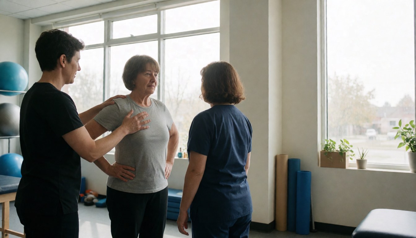 Un fisiotherapeute aide une femme a realiser des exercices d'etirement dans un cabinet de physiotherapie equipe.