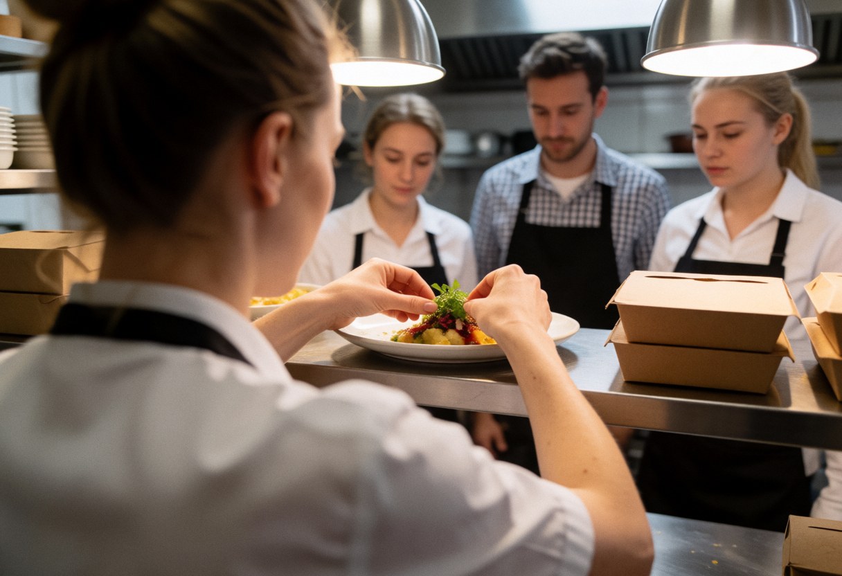 Une cuisinière dresse soigneusement un plat dans une cuisine équipée avec une lumière vive, tandis que le personnel observe attentivement la préparation.