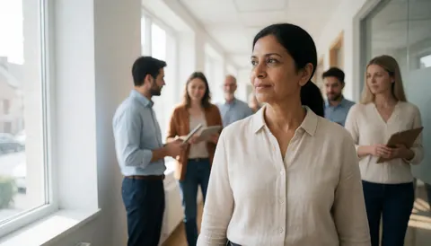 Une femme avance dans un couloir de bureau baigné de lumière naturelle avec des silhouettes floues en arrière-plan créant une atmosphère professionnelle et calme.