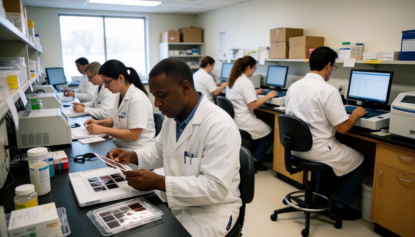 Équipe médicale examinant des échantillons et utilisant des équipements d'analyse dans un environnement professionnel et propre.