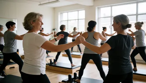 Groupe de femmes pratiquant le pilates dans un studio lumineux aux grandes fenêtres et au sol en bois.