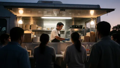 Un cuisinier sert de la nourriture à des clients debout devant un camion de restauration rapide lors d'un coucher de soleil en ville.