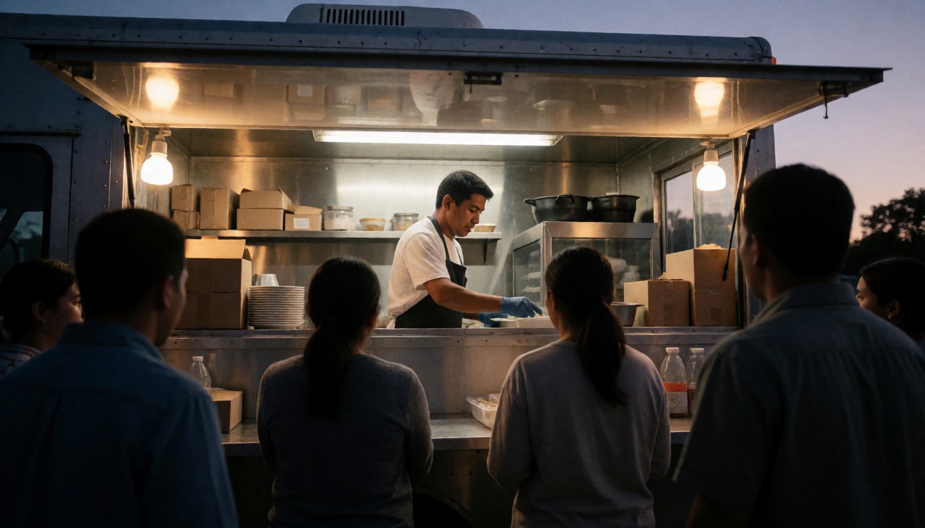 Un cuisinier sert de la nourriture à des clients debout devant un camion de restauration rapide lors d'un coucher de soleil en ville.