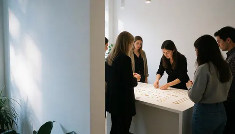 Des clients examinent et touchent des bijoux exposés dans une vitrine de bijouterie moderne.