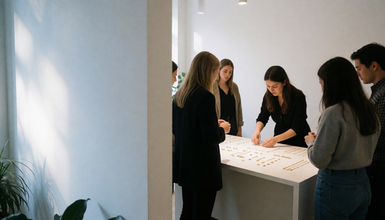 Des clients examinent et touchent des bijoux exposés dans une vitrine de bijouterie moderne.