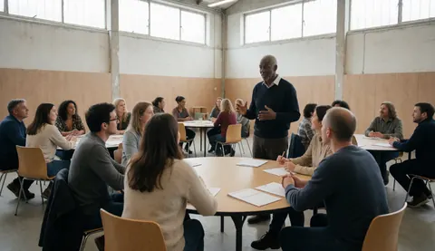 Un homme présente à un groupe assis autour de tables rondes dans une salle de formation aux murs en bois et aux grandes fenêtres.