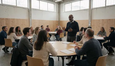 Un homme présente à un groupe assis autour de tables rondes dans une salle de formation aux murs en bois et aux grandes fenêtres.