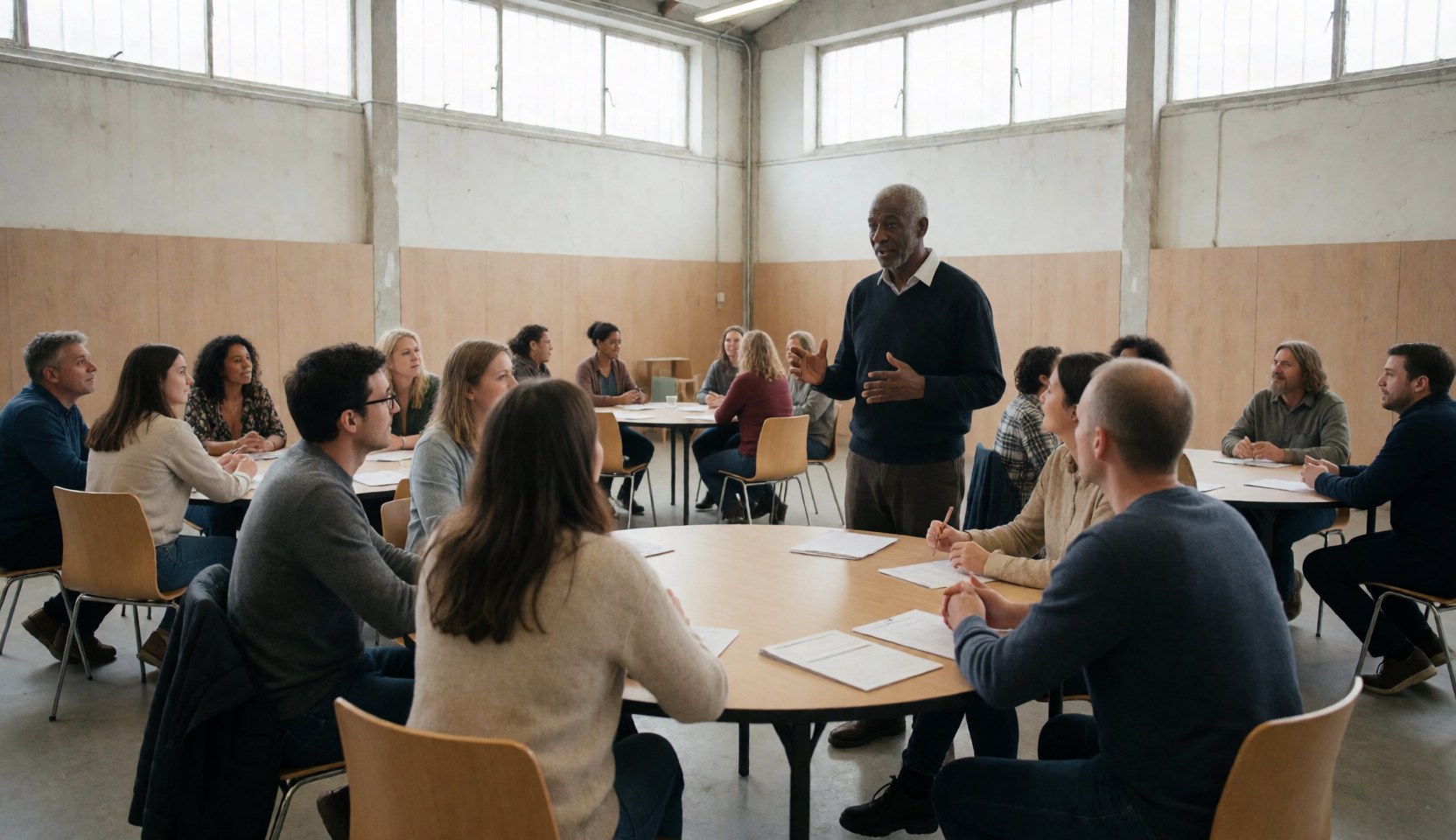 Un homme présente à un groupe assis autour de tables rondes dans une salle de formation aux murs en bois et aux grandes fenêtres.