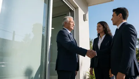 Trois professionnels en costume se serrent la main devant l'entrée d'une banque moderne sous un ciel bleu clair avec espace pour texte à gauche.