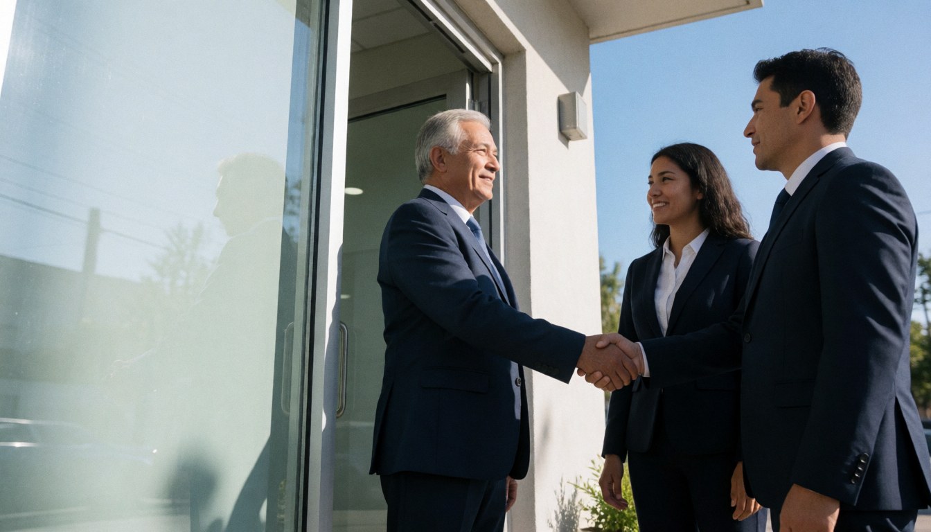 Trois professionnels en costume se serrent la main devant l'entrée d'une banque moderne sous un ciel bleu clair avec espace pour texte à gauche.