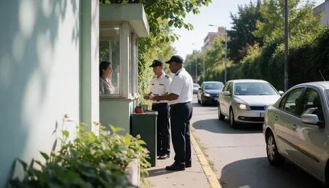 Deux agents de sécurité en uniforme accueillant une femme à l'entrée d'un quartier résidentiel avec des véhicules stationnés en arrière-plan