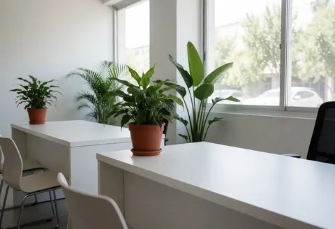 Réception moderne équipée de tables blanches, de chaises et de plantes vertes dans des pots en terre cuite.