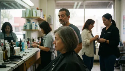 Un client est assis sur une chaise de coiffeur pendant que la coiffeuse lui coupe les cheveux, d'autres personnes travaillent en arrière-plan.