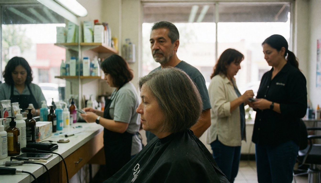 Un client est assis sur une chaise de coiffeur pendant que la coiffeuse lui coupe les cheveux, d'autres personnes travaillent en arrière-plan.