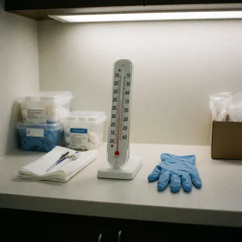 Thermomètre et gants jetables posés sur une table de réception dans un cabinet médical, évoquant l'hygiène et les soins professionnels.
