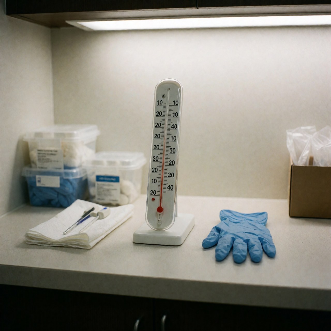 Thermomètre et gants jetables posés sur une table de réception dans un cabinet médical, évoquant l'hygiène et les soins professionnels.