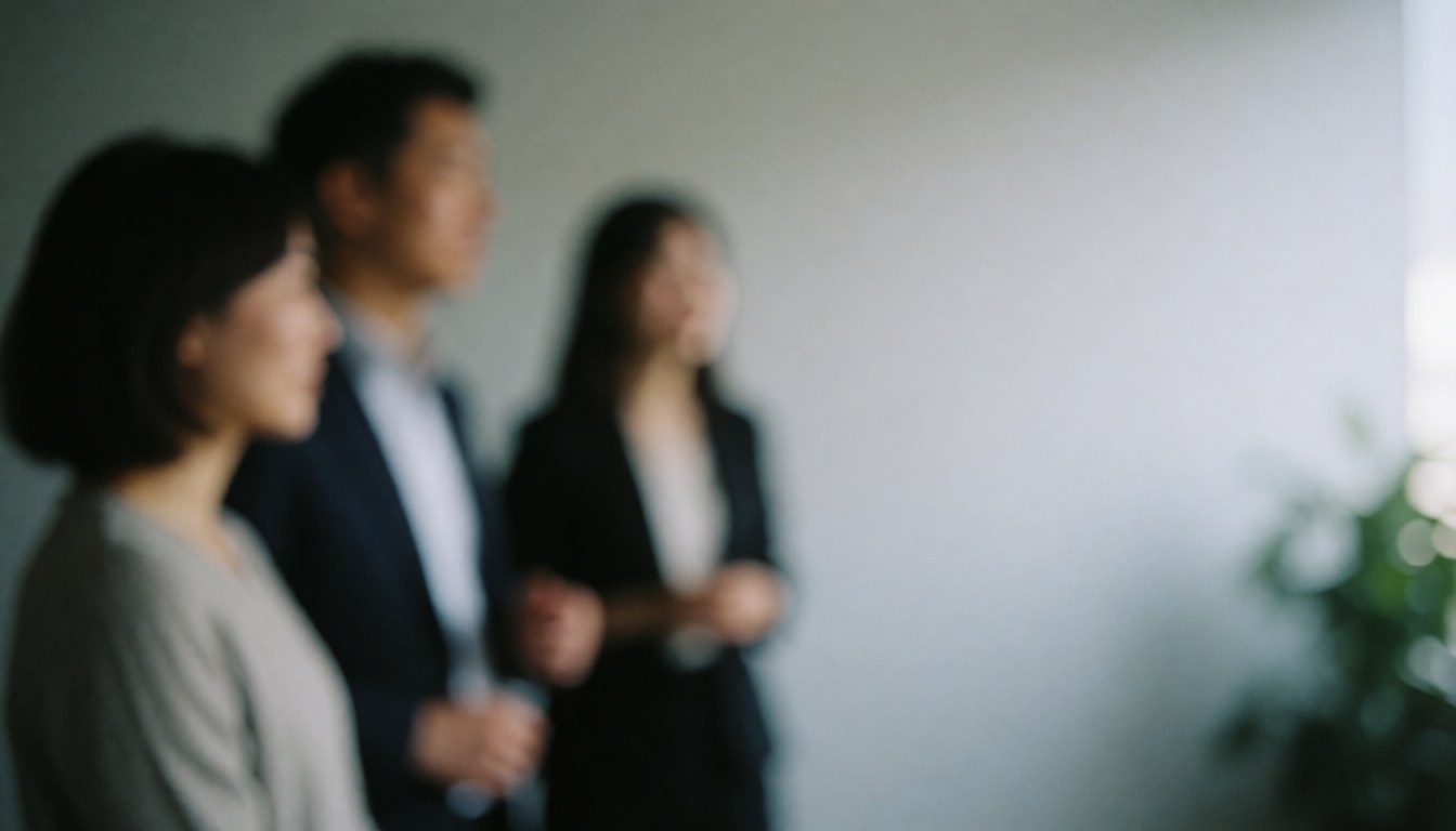 Trois personnes d'affaires debout lors d'une réunion de bureau, en train de discuter avec un fond flou.