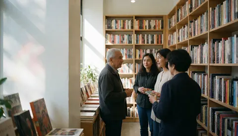 Quatre personnes discutent dans une librairie moderne avec des étagères de livres et de la lumière naturelle.