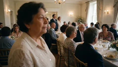 Groupe d'adultes installés à des tables dans un salon élégant décoré de lumières et de fleurs pour une célébration.