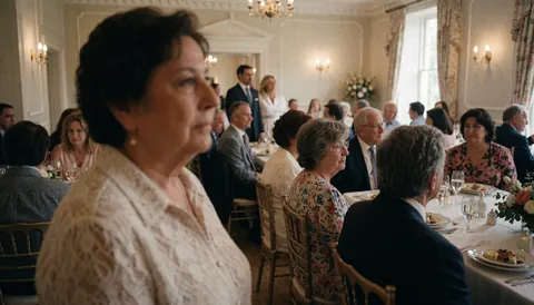 Groupe d'adultes installés à des tables dans un salon élégant décoré de lumières et de fleurs pour une célébration.