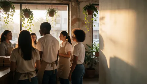Groupe de jeunes collaborateurs discutant et servant des clients dans un bar lumineux au coucher du soleil, avec plantes suspendues et ambiance chaleureuse.