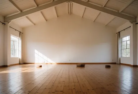 Salle de yoga vide aux murs clairs et au sol en bois, baignée de lumière solaire entrant par les grandes fenêtres.