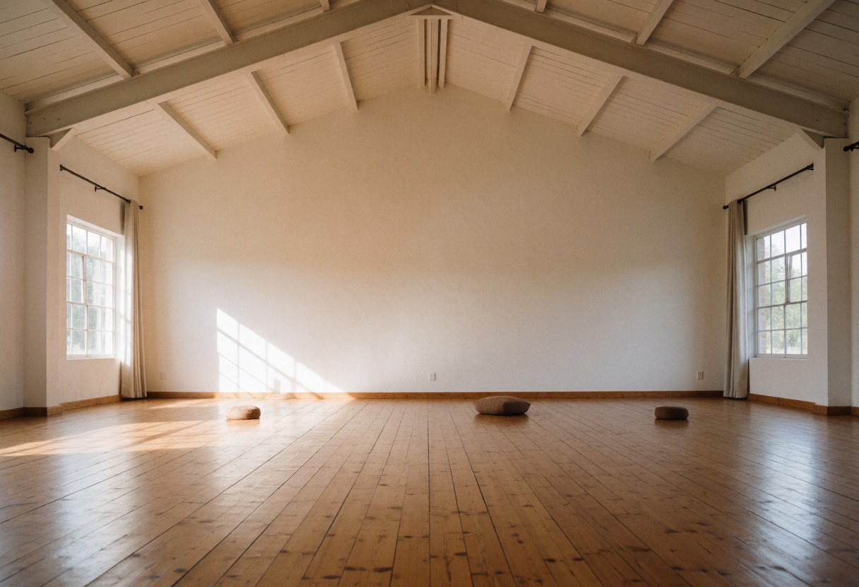 Salle de yoga vide aux murs clairs et au sol en bois, baignée de lumière solaire entrant par les grandes fenêtres.
