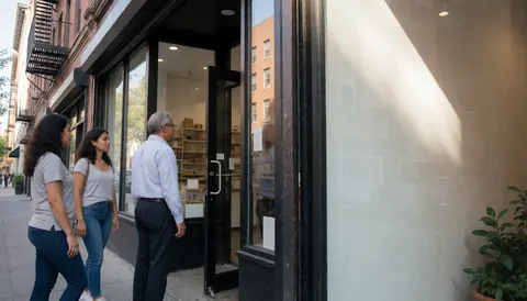 Trois personnes marchent devant un magasin avec une vitrine et une porte ouverte sur une rue urbaine.
