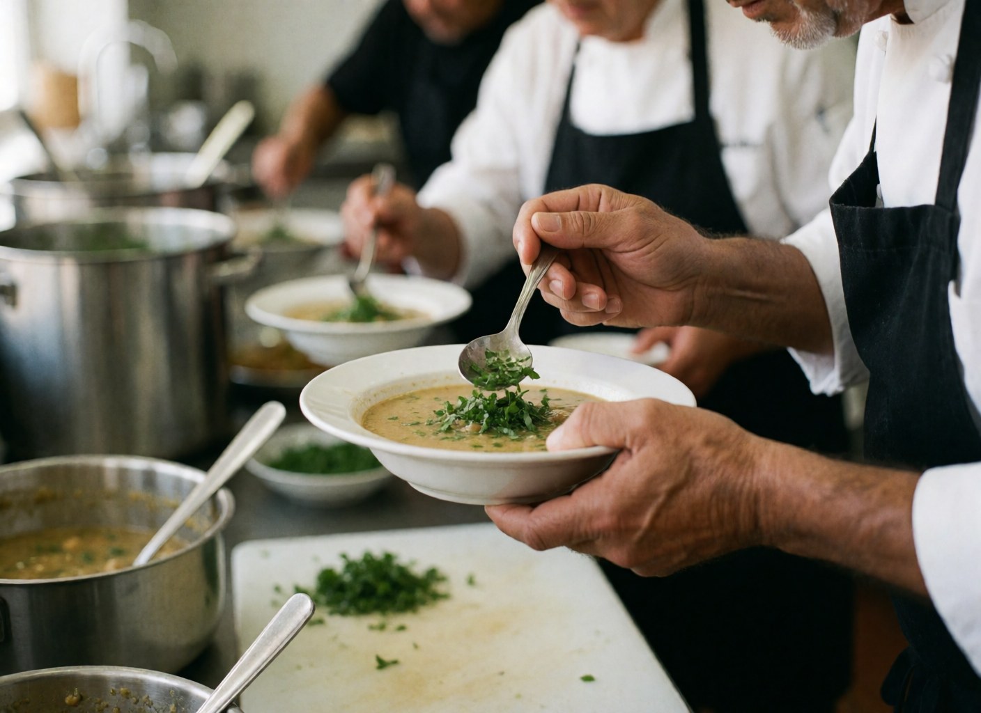 Un chef décore attentivement une soupe chaude avec des herbes fraîches dans une cuisine professionnelle, mettant l'accent sur la présentation soignée du plat.